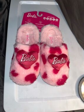 Mattel Barbie Fuzzy Pink Slippers with Red Heart Accent